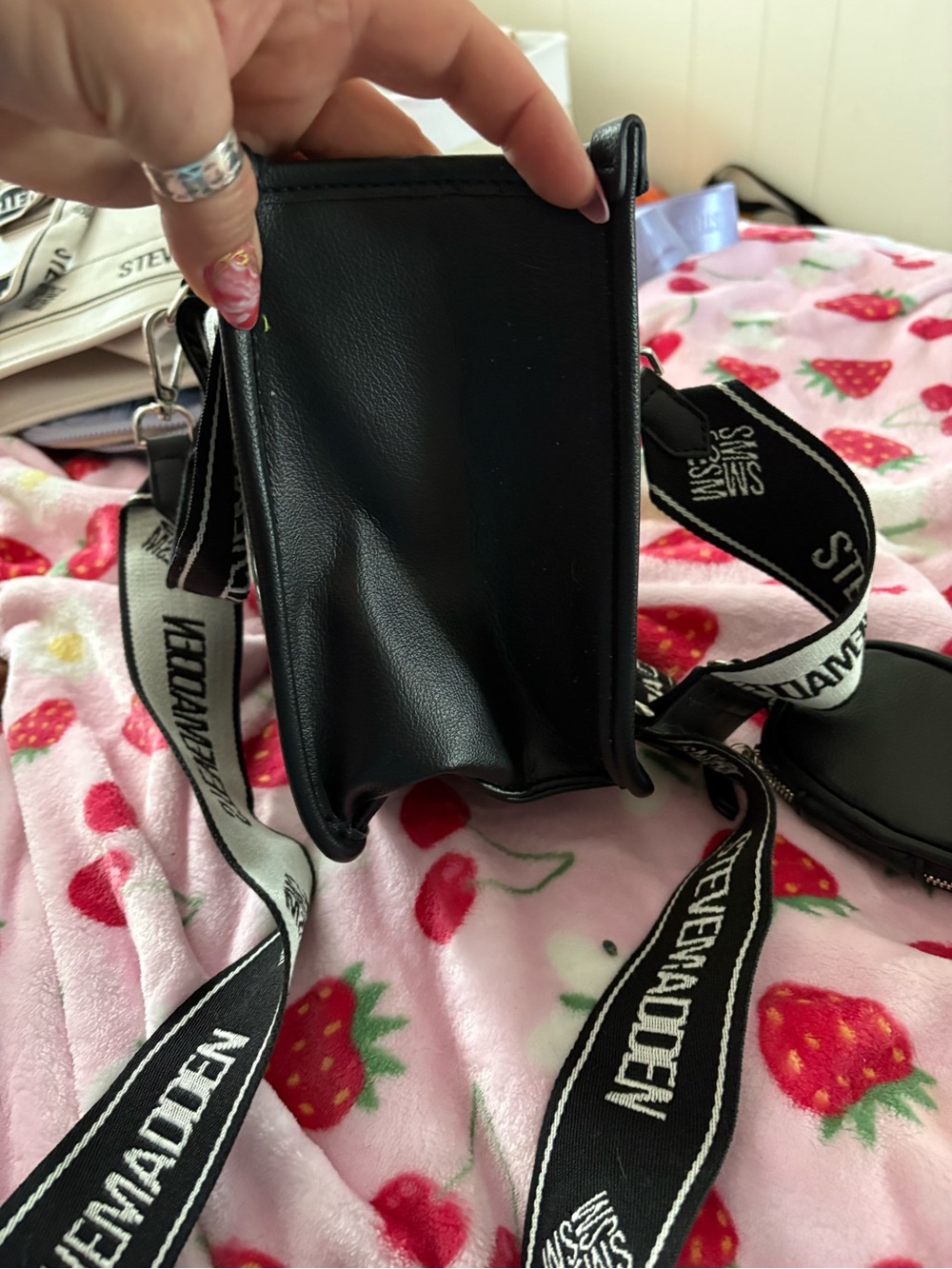 Steve Madden Black Crossbody Tote with White Branded Strap - Picture 5 of 5